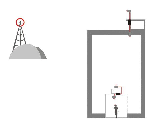 a woman standing in a room with a tower and a tower