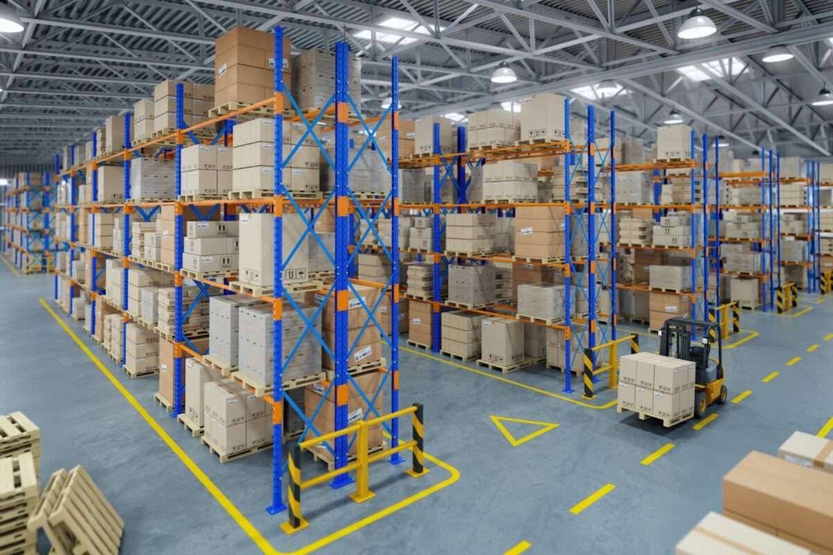Forklift truck in warehouse or storage and shelves with cardboard boxes.